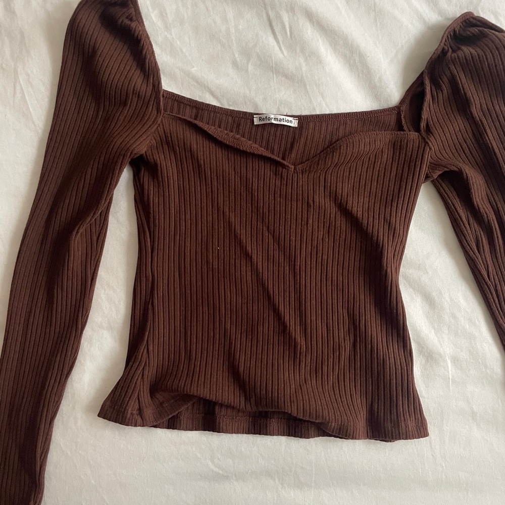 Reformation Brown Ribbed Top Sweetheart Neckline